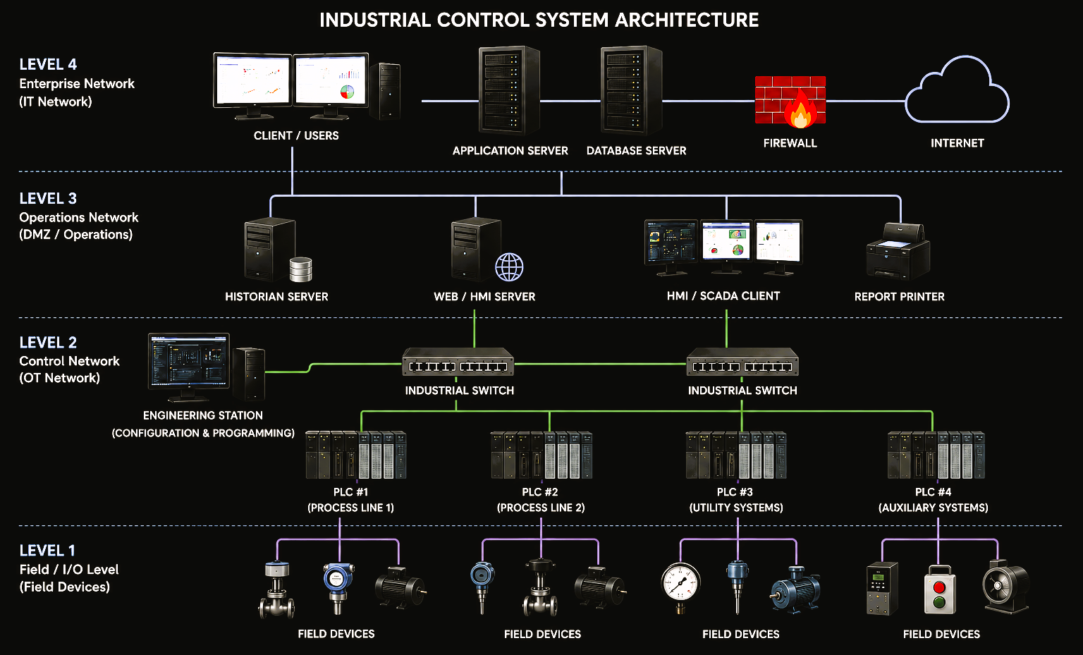 Industrial control system architecture showing enterprise systems, servers, SCADA clients, engineering station, industrial switches, PLCs and field devices